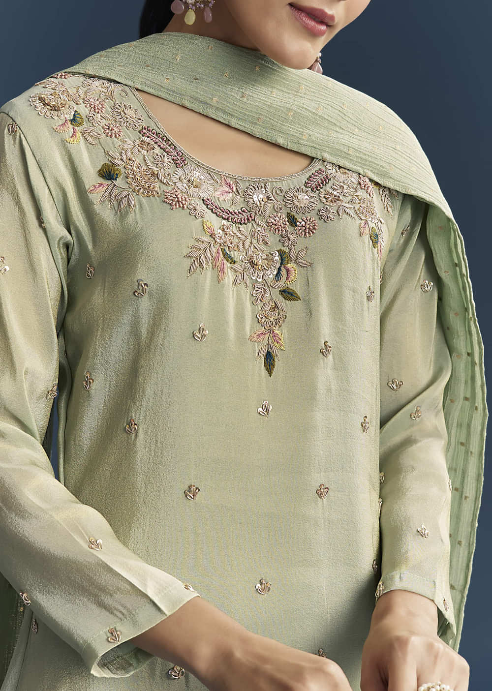 Green Tissue Sharara Suit With Zardosi And Resham Embroidery