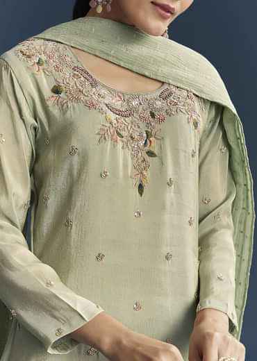 Green Tissue Sharara Suit With Zardosi And Resham Embroidery