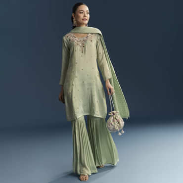 Green Tissue Sharara Suit With Zardosi And Resham Embroidery