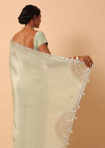 Green Tissue Silk Saree With Gota Patti Work And Unstitched Blouse Piece