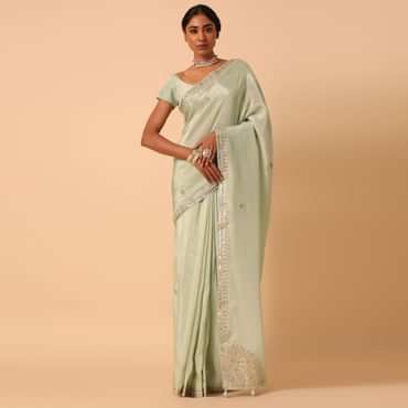 Green Tissue Silk Saree With Gota Patti Work And Unstitched Blouse Piece