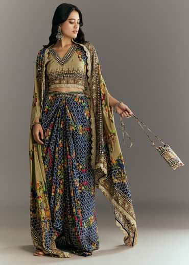 Greenish Beige Muslin Embroidered Croptop With Printed Skirt And Cape