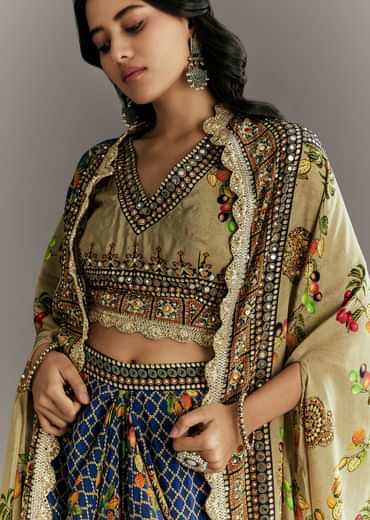 Greenish Beige Muslin Embroidered Croptop With Printed Skirt And Cape