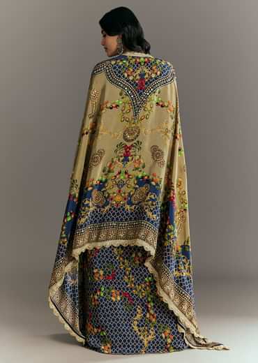 Greenish Beige Muslin Embroidered Croptop With Printed Skirt And Cape