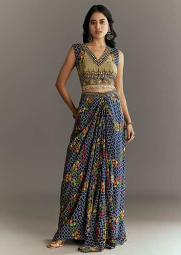 Greenish Beige Muslin Embroidered Croptop With Printed Skirt And Cape