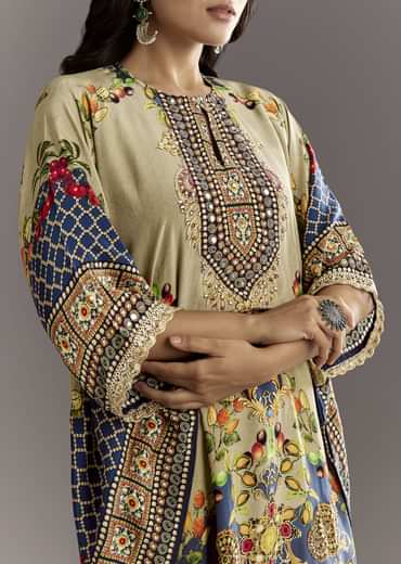 Greenish Beige Printed Kaftaan Kurta With Dhoti