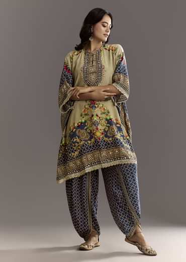 Greenish Beige Printed Kaftaan Kurta With Dhoti