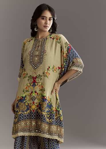 Greenish Beige Printed Kaftaan Kurta With Dhoti