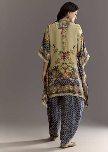 Greenish Beige Printed Kaftaan Kurta With Dhoti