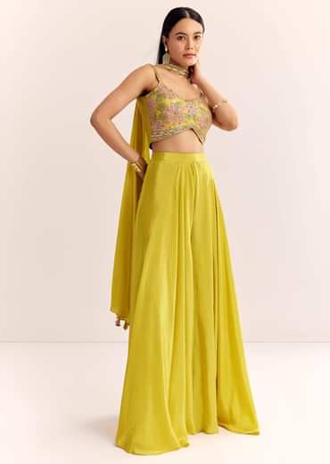 Greenish Yellow Crepe Croptop Dupatta And Palazzo Suit With Resham Zardosi Work