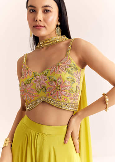 Greenish Yellow Crepe Croptop Dupatta And Palazzo Suit With Resham Zardosi Work