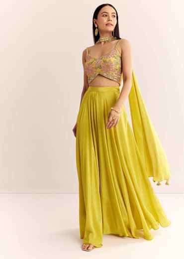 Greenish Yellow Crepe Croptop Dupatta And Palazzo Suit With Resham Zardosi Work