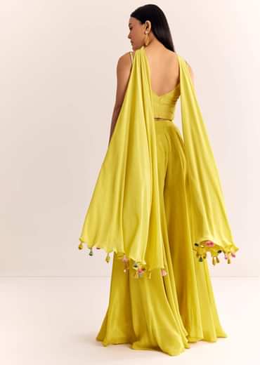 Greenish Yellow Crepe Croptop Dupatta And Palazzo Suit With Resham Zardosi Work