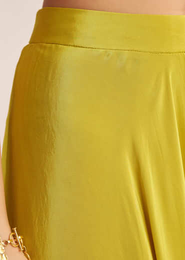 Greenish Yellow Crepe Croptop Dupatta And Palazzo Suit With Resham Zardosi Work