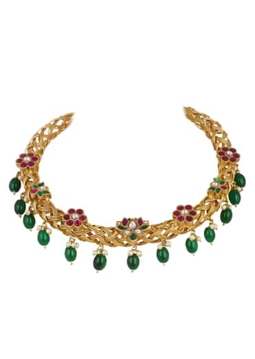 Green Meenakari Choker Necklace In Gold Finish With Pearls