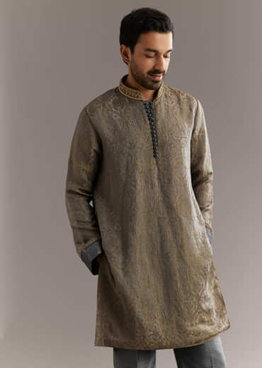 Grey Banarasi Tussar Kurta Set With Contrast Rust Embroidery