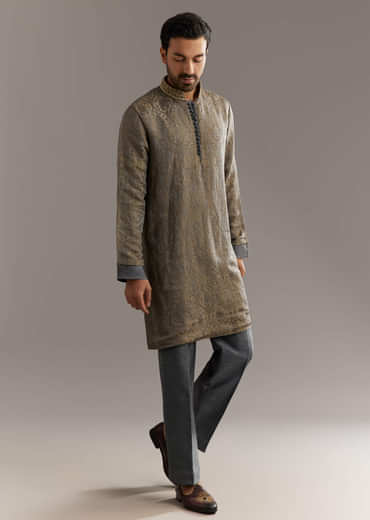 Grey Banarasi Tussar Kurta Set With Contrast Rust Embroidery