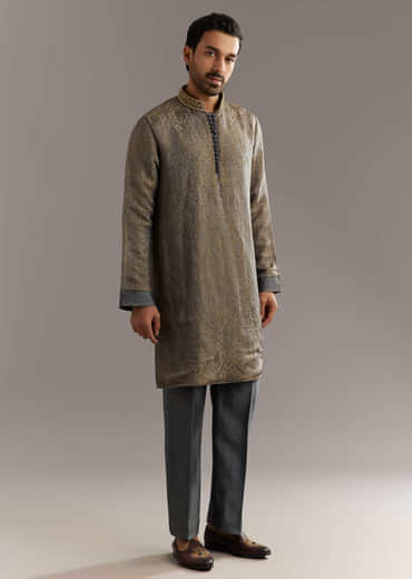 Grey Banarasi Tussar Kurta Set With Contrast Rust Embroidery
