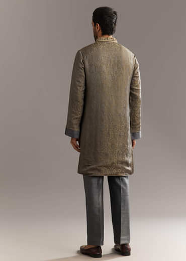 Grey Banarasi Tussar Kurta Set With Contrast Rust Embroidery