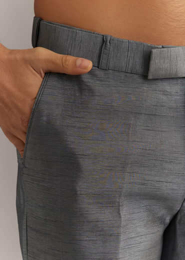 Grey Banarasi Tussar Kurta Set With Contrast Rust Embroidery