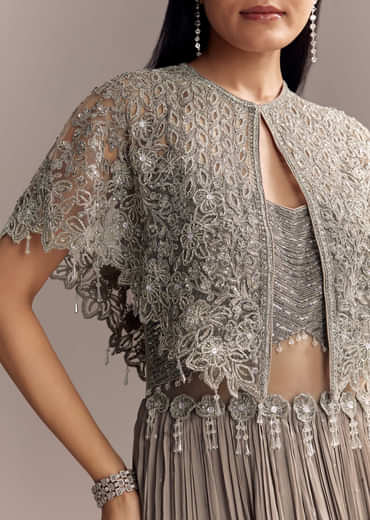 Grey Chinon Contemporary Gown With Embroidered Cape