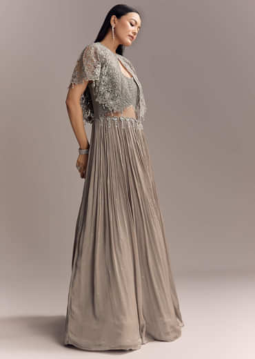 Grey Chinon Contemporary Gown With Embroidered Cape