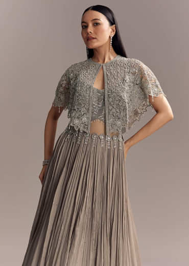 Grey Chinon Contemporary Gown With Embroidered Cape