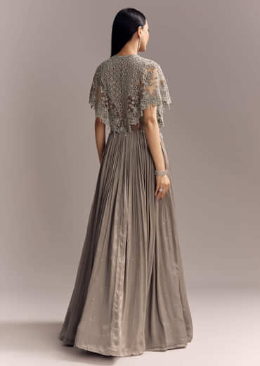 Grey Chinon Contemporary Gown With Embroidered Cape