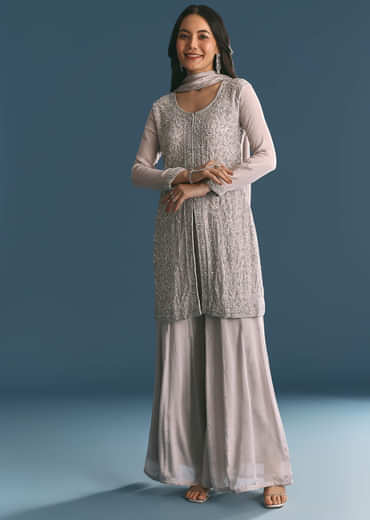 Grey Chinon Cutdana Sequin Embroidered Kurta Palazzo Suit