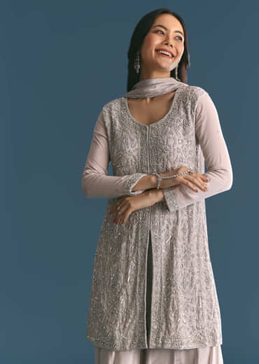 Grey Chinon Cutdana Sequin Embroidered Kurta Palazzo Suit
