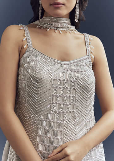 Grey Chinon Palazzo Suit With Cutdana And Moti Work