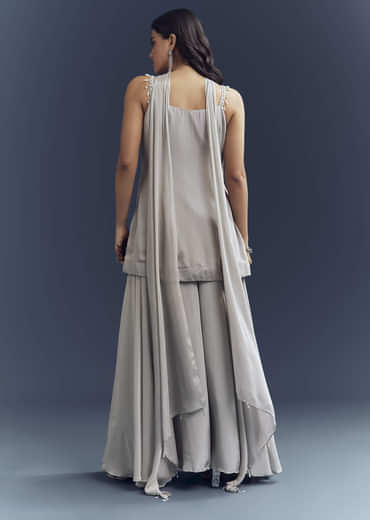 Grey Chinon Palazzo Suit With Cutdana And Moti Work