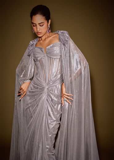 Grey Corset Drape Gown Paired With Embroidered Cape