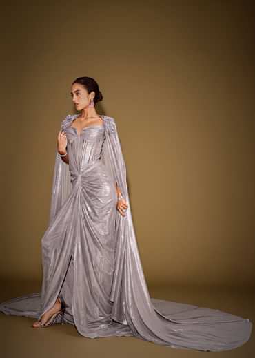 Grey Corset Drape Gown Paired With Embroidered Cape