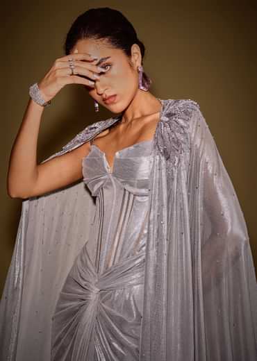 Grey Corset Drape Gown Paired With Embroidered Cape