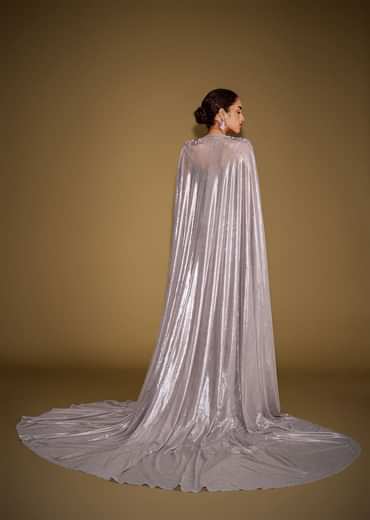 Grey Corset Drape Gown Paired With Embroidered Cape