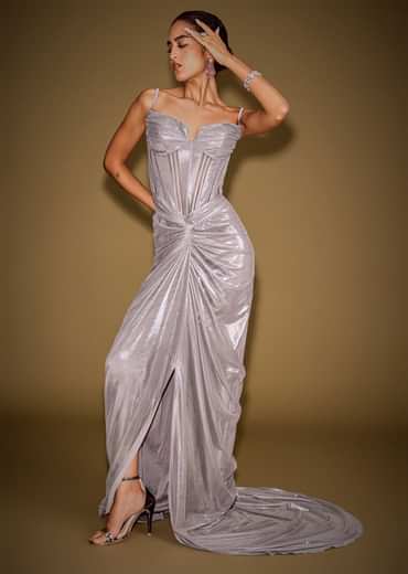 Grey Corset Drape Gown Paired With Embroidered Cape