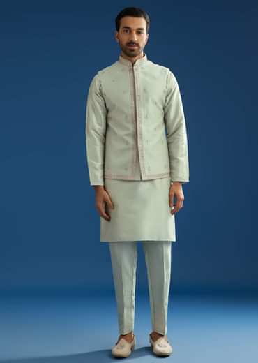 Grey Cotton Silk Kurta Jacket Set With Mirror Embroidery
