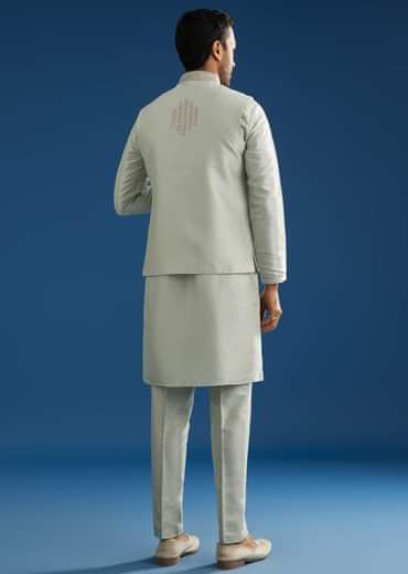 Grey Cotton Silk Kurta Jacket Set With Mirror Embroidery