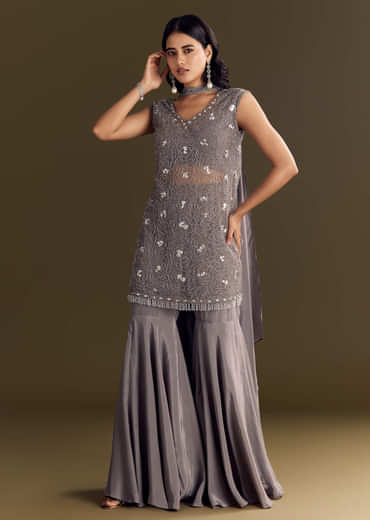Grey Crepe Kurta Sharara With Net Choker Dupatta
