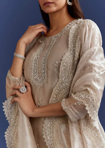 Grey Cutdana And Sequins Kurta With Stone Work Dupatta In Tissue