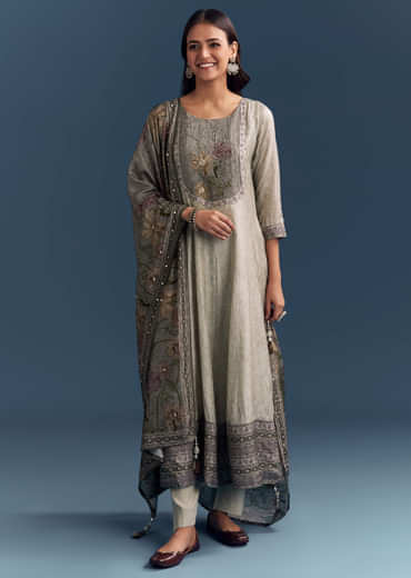 Grey Dola Silk Anarkali Suit With Floral Print And Embroidery
