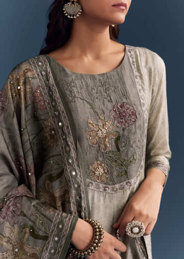 Grey Dola Silk Anarkali Suit With Floral Print And Embroidery