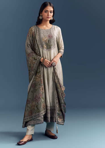 Grey Dola Silk Anarkali Suit With Floral Print And Embroidery
