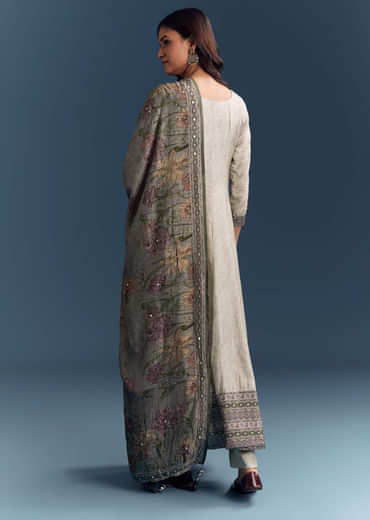 Grey Dola Silk Anarkali Suit With Floral Print And Embroidery