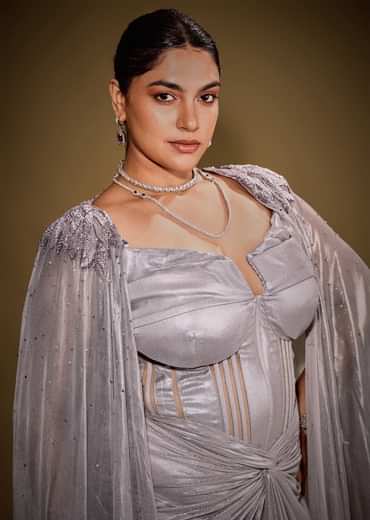 Grey Corset Drape Gown Paired With Embroidered Cape