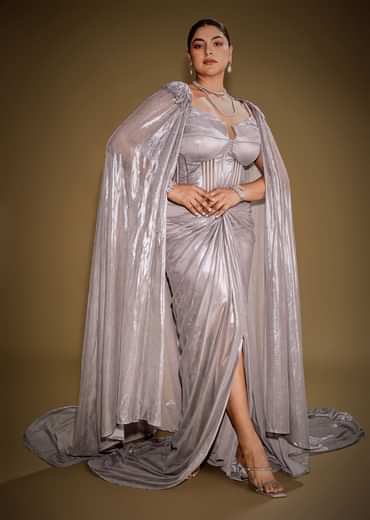 Grey Corset Drape Gown Paired With Embroidered Cape