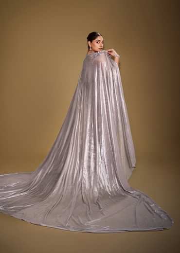 Grey Corset Drape Gown Paired With Embroidered Cape