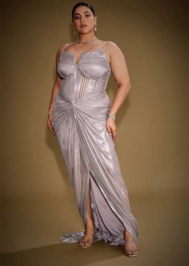 Grey Corset Drape Gown Paired With Embroidered Cape