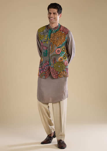 Grey Kalamkari Mens Jacket Kurta and Pant Set
